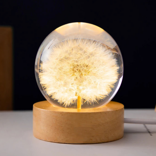 Immortal 3D Flower Crystal-Clear Ball Night Lamp with LED Light on a Wooden Stand Base