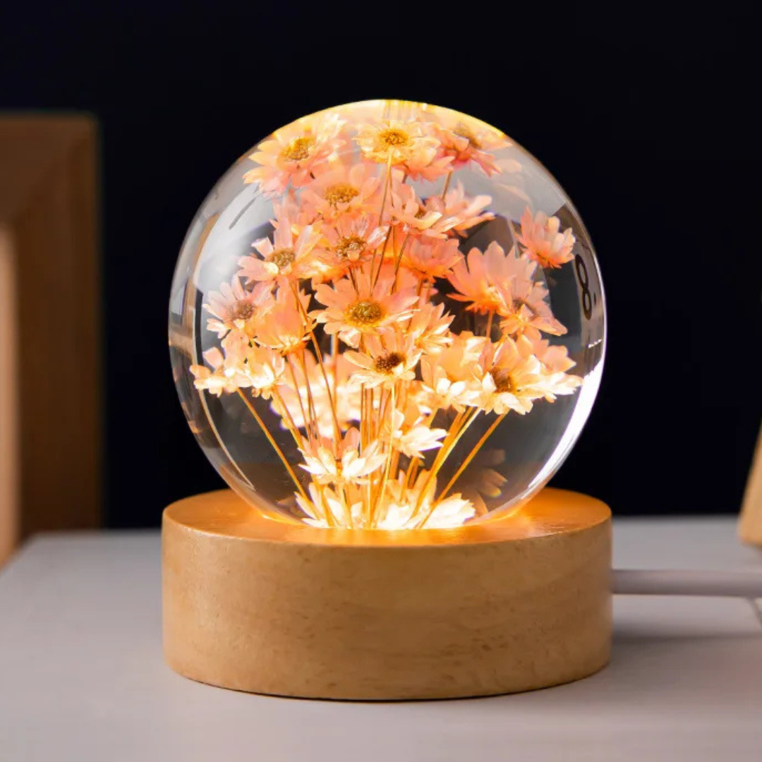 Immortal 3D Flower Crystal-Clear Ball Night Lamp with LED Light on a Wooden Stand Base