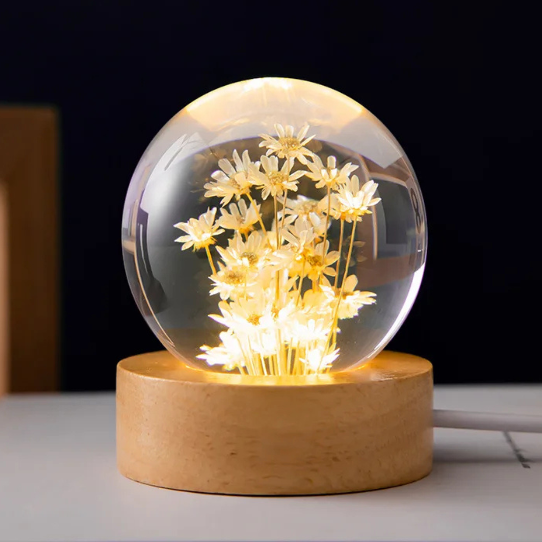 Immortal 3D Flower Crystal-Clear Ball Night Lamp with LED Light on a Wooden Stand Base