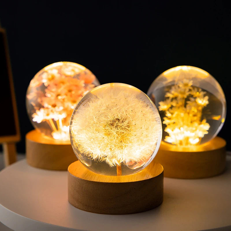 Immortal 3D Flower Crystal-Clear Ball Night Lamp with LED Light on a Wooden Stand Base